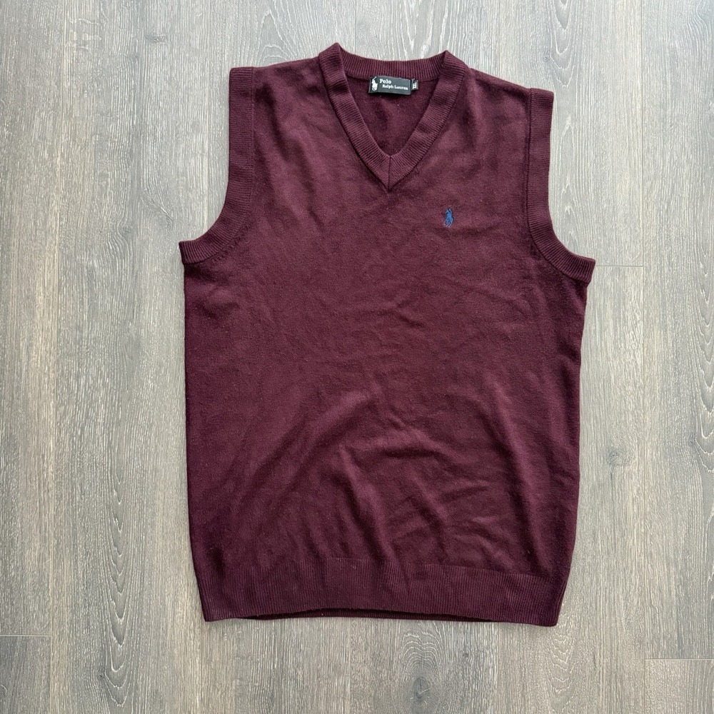 Polo by Ralph Lauren Men's V-Neck Sweater Vest - Burgundy with Navy Logo